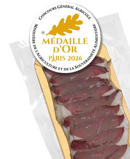 Magret de Canard Séché Fumé Pré-Tranché origine France "Sur plaquette dorée"-80g(+/-5g)