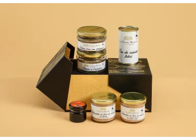 Coffret gourmand Le trésor – Foie gras, terrines artisanales, tartinables de canard et confiture de myrtille