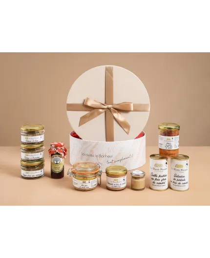 Coffret gourmand la boite à chapeau – Foie gras entier, terrines artisanales, spécialités de canard, caille fourrée, galantine e