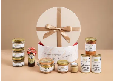 Coffret gourmand la boite à chapeau – Foie gras entier, terrines artisanales, spécialités de canard, caille fourrée, galantine e