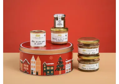 Coffret gourmand boîte ronde métal « Village en hiver » – Foie gras de canard, terrines festives et confit d’oignon